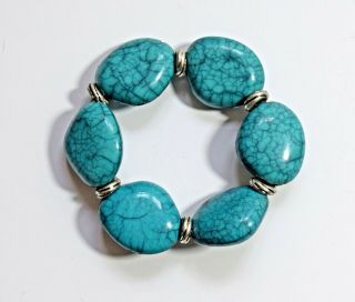 Vintage Chunky Faux Turquoise Bead & Silver Tone Elasticated Bracelet