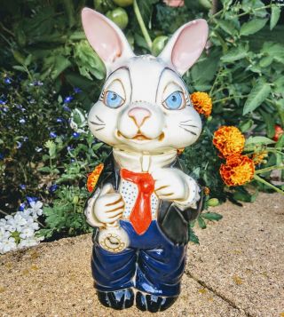1969 Vintage Handmade Ceramic White Rabbit Alice In Wonderland 9 Inches Tall