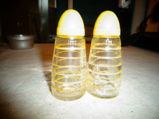 Vintage Hazel Atlas Salt Pepper Shakers Yellow Stripe Clear Glass Plastic Top