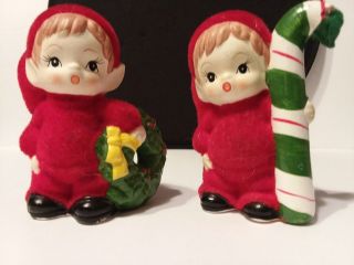 Vintage 1970s Porcelain Pixie Elves Red Felt Japanese Porcelain Christmas Decor