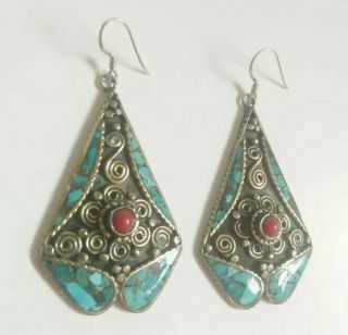 Vintage Turquoise Gem Ethnic Gypsy Boho Statement Chandelier Earrings Large