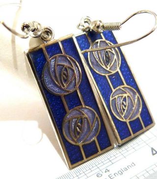 Vintage Rennie Mackintosh Style Bristol Blue Enamel Celtic Sea Gems Earrings,