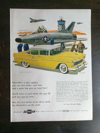 Vintage 1955 Chevrolet Bel Air 4 - Door Sedan With Warplane Full Page Ad