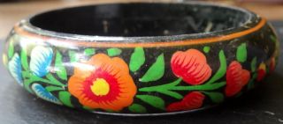 Vintage Hand Painted Russian Flower Enamel Lacquer Bangle Bracelet - D420