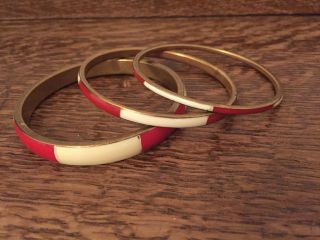 Set Of 3 Vintage/red & White/enamel/bangle/bracelet/stripe/candy/retro