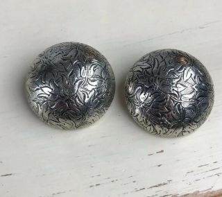 Silver Tone Round Earrings Clip On Vintage Leaf Design