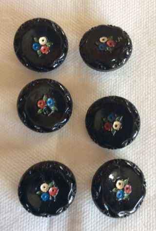 Set 6 Vintage Collectable Black Glass With Painted Flowers Buttons 1.  8 Cm Diam