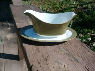 Vintage Sango China Versailles Olive Green Gold Floral Gravy Boat & Underplate