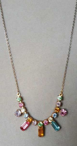 Vintage 1960s Multi Colour Rainbow Diamante Fine Collar Necklace Plain Clasp