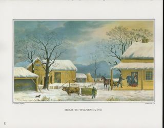 1972 Vintage Currier & Ives " Home To Thanksgiving " Farm Color Print Lithograph