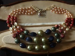 Vintage Jewellery 3 Strand Multicoloured Lucite Bead Necklace Signed Hong Kong
