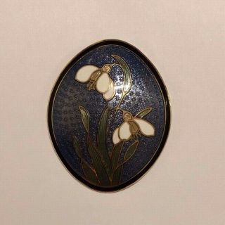 Vintage Cloisonne Enamel Flower Snowdrop Oval Brooch
