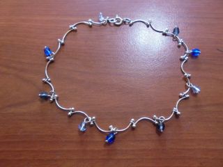 Vtg Sterling Silver Blue Crystal Charm Anklet Bracelet 9 5/8 " Long 4.  1 Grams