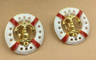 Vintage Style Earrings Enamel White Red Gold Life Preserver Anchor Nautical Clip