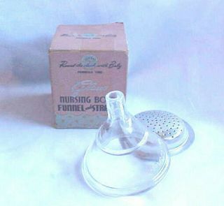 Vintage Round The Clock With Baby Glasco Nursing Bottle Funnel & Strainer W Box
