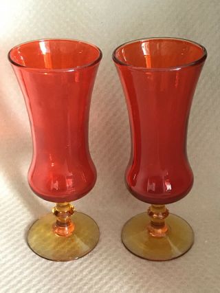 2 X Vintage Orange Art Glass Cocktail / Vase Mid Century Retro C.  1960s 1970s