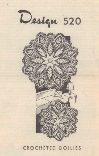 Vintage Mail Order Pattern 520 Crocheted Fern Design Doilies 26 " & 18 "
