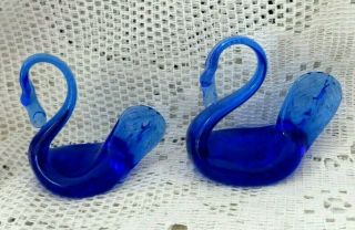 Vintage Small Murano Cobalt Bristol Blue Glass Swans Ornaments - Lovely