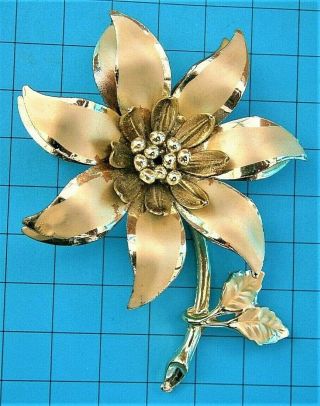 G257) Vintage Large Gold Tone 3d Flower Floral Brooch Lapel Pin