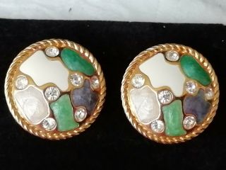 Vintage Jewellery Goldtone Green And White Clip On Earrings