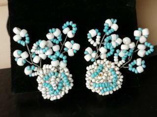 Vintage Jewellery White And Bue Glass Bead Clip On Earrings.