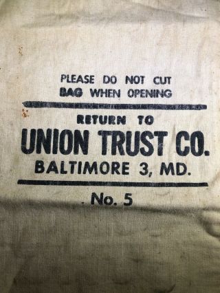 Vintage Canvas Bank Deposit Bag Union Trust Co.  Baltimore,  Md 5 Coin Bag