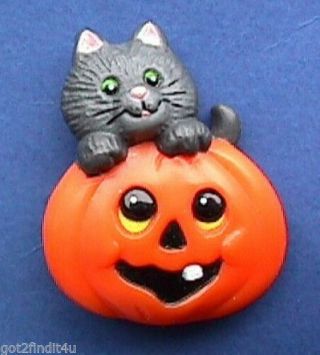 Russ Pin Halloween Vintage Cat Black Jol Pumpkin Holiday Brooch Hk Stk