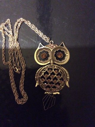 Vintage Retro 70s Large Articulated Owl Pendant Necklace Dangle Gift Long Chain