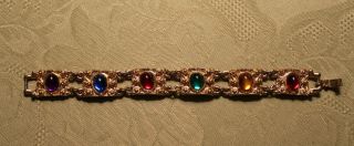 Vintage Bracelet In Art Deco Style Gold - Tone & Multi - Color Cabochon