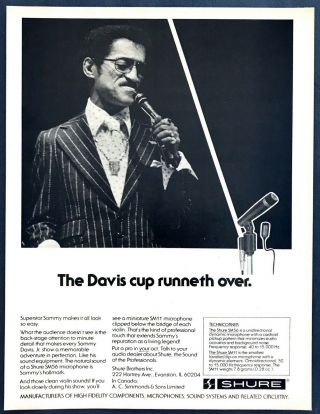 1977 Sammy Davis Jr Photo Shure Sm56 Microphone " Natural Sound " Vintage Print Ad