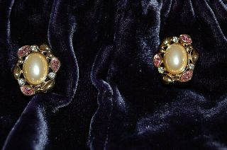Vintage 80’s Monet Clip Earrings Pearl And Clear & Pink Rhinestones Ex Cond