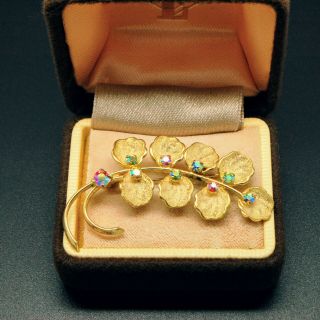 Vintage Jewellery Sweet Gold Tone Aurora Borealis Stones Leaf Brooch Pin