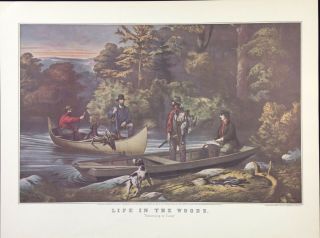 1952 Vintage Currier & Ives " Returning To Camp " Game Hunting Color Lithograph
