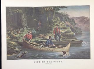 1952 Vintage Currier & Ives " Life In The Woods " Hunting Fishing Color Lithograph
