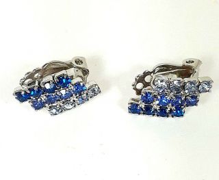 Vintage Dk,  Med,  & Light Blue Rhinestone Rhodium Plated Clip Earrings 1960 