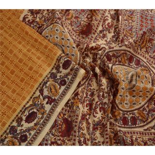 Sanskriti Vintage Cream Saree 100 Pure Silk Printed Sari Craft 5 Yard Fabric