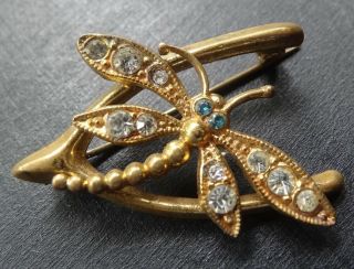 Vintage Art Deco Blue Clear Rhinestone Dragonfly Insect Brooch C Pin - A332