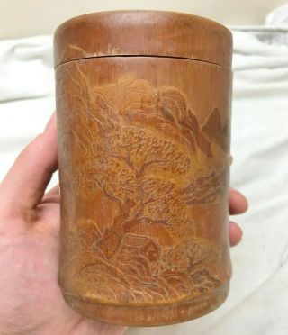 Antique Vintage Chinese Hand Carved Bamboo Wood Tea Caddy Pot