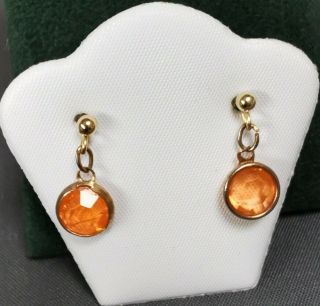 Vintage Open Back Bezel Set Orange Glass Earrings Gold Plated Hooks
