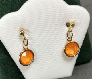 Vintage Open Back Bezel Set Orange Glass Earrings Gold Plated Hooks 2
