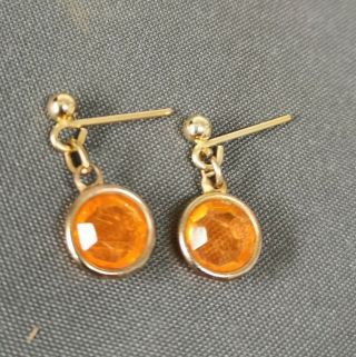 Vintage Open Back Bezel Set Orange Glass Earrings Gold Plated Hooks 4