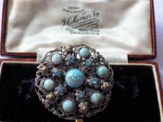 Vintage Silver Filigree Turquoise Brooch Pin 1930 