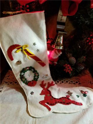 Vintage Mcm 1960s Handmade Felt Christmas Stocking Reindeer Wreath Candy Cane