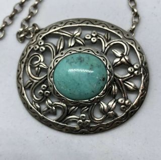 Vintage Thailand Sterling Silver Turquoise Round Pendant 17.  5” Choker Necklace