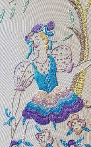 Vintage Hand Embroidered Picture Of Crinoline Lady On Silk Framed - Flawed