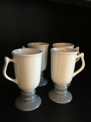 Set Of 4 Vintage Hall Pottery Latte Irish Coffee Footed Mugs White W/ Gray 1273