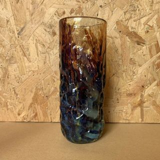 Vintage Carnival Glass Dimpled Vase - Brown,  Blue,  Yellow Swirl - 19cm Tall
