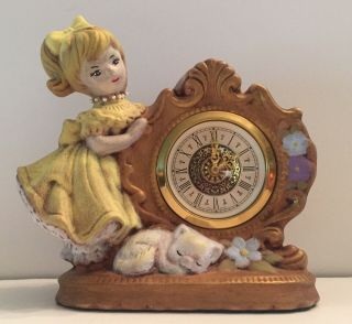 Vintage Narco Wind Up Mantle Clock Girl And Cat Sleeping Germany