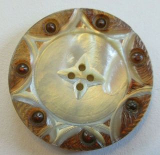 Large Antique Vtg Carved Mop Shell Button W/ Sunshine Design (b)