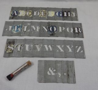 Full Alphabet Set Of Vintage Metal Interlocking Stencils & Brush
